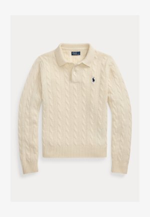 Krém színű hosszú ujjú, kötött, mintás galléros pulóver bordázott mandzsettával és szegéllyel, két gombos sliccel, tengerészkék Polo Ralph Lauren logóval a mellkason.