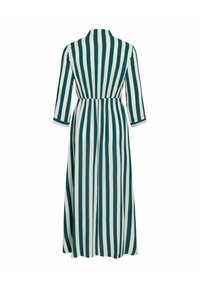 Robe longue vert et blanche à rayures, avec un col à boutons, une taille élastique et des manches trois-quarts. Tissu lisse avec une silhouette fluide.