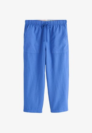 Men's light blue casual pants with elastic waistband, drawstring, and front patch pockets, made from lightweight fabric.