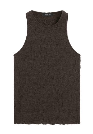 Top marron foncé sans manches texturé avec un col rond et un ourlet subtilement festonné, l’étiquette indique « Massimo Dutti made in Spain. »