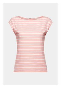 Chemise rose clair à manches courtes avec des rayures horizontales blanches et un col rond sur un fond uni.
