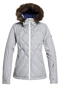 Grau gestepptes Jackett mit einer gefälschten, fellgefütterten Kapuze, weißem Reißverschluss und elastischem Saum. Verfügt über seitliche Taschen und verstellbare Kordeln.