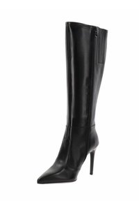 Schwarze Lederstiefel über dem Knie mit spitzem Zeh, hohem Stiletto-Absatz und seitlichem Reißverschluss. Glatte Textur, elegantes Design und taillierte Form.