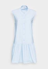 Vaaleansininen, hihaton mekko napituksella edessä, pyöreällä kaula-aukolla ja kerätty helma. Valmistettu pehmeästä kankaasta, jossa on rento malli.