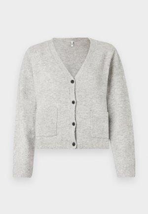 Cardigan en mélange de laine gris avec un col en V, des poignets côtelés et deux poches avant, doté de six boutons noirs sur le devant.