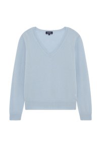Maglione a maniche lunghe di colore blu chiaro con scollatura a V e polsini e orlo a coste, taglia S, del marchio Caroll.
