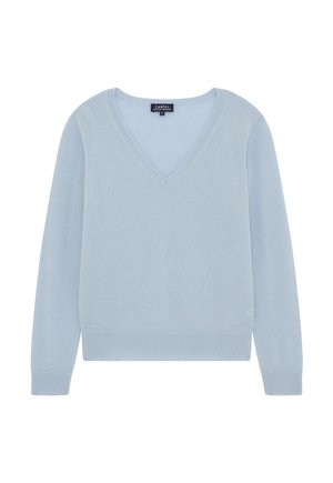 Light blue long-sleeve V-neck sweater with ribbed cuffs and hem, size small, from Caroll brand.