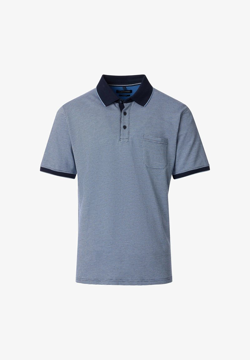 Short-sleeve polo shirt in blue with a geometric pattern, navy collar and sleeve accents, and a chest pocket. Smooth cotton blend fabric.