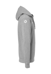 Haut à capuche gris avec fermeture éclair sur le devant, poche kangourou, poignets côtelés et logo sur la manche. Fabriqué en tissu doux et texturé.