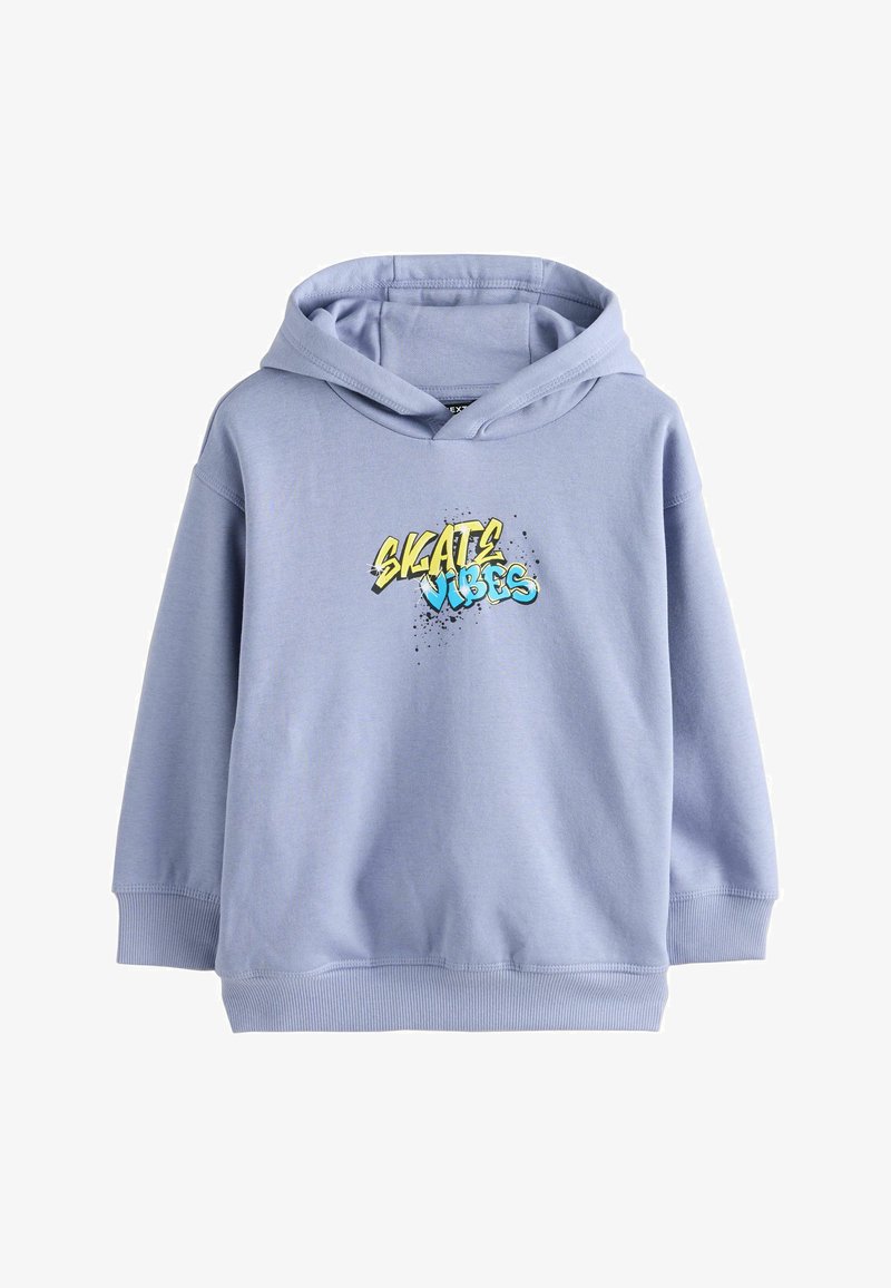 Sweat à capuche violet clair à manches longues avec un graphique "SKATE VIBES" jaune et bleu centré sur le devant.