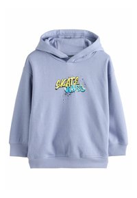 Felpa leggera azzurra realizzata in tessuto morbido con una stampa grafica frontale che recita "SKATE VIBES" con un effetto spray e polsini a coste.