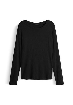 Schwarzes Langarmoberteil aus geripptem Stoff. Hat einen weiten Ausschnitt und eine lockere Passform, mit gerade geschnittenen Ärmeln und Saum.
