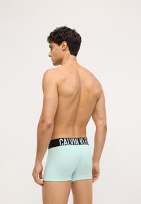 Mėtų žalios spalvos bokso apatiniai, pagaminti iš minkštos medžiagos, su juoda juosta, ant kurios baltais rašmenimis užrašyta "CALVIN KLEIN".
