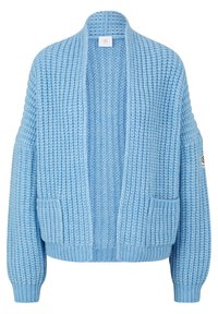Cardigan tricoté épais bleu clair avec devant ouvert, deux poches avant, manches longues et poignets et ourlet côtelés.
