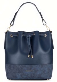 Navy bucket bag in smooth leather with a suede accent at the base. Features gold-tone hardware and a drawstring closure.