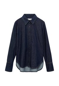 Chemise en denim foncé à manches longues, col pointu et fermeture à boutons sur le devant. Présente un ourlet arrondi et un tissu plus clair en dessous.