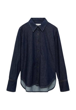 Chemise en denim foncé à manches longues, col pointu et fermeture à boutons sur le devant. Présente un ourlet arrondi et un tissu plus clair en dessous.