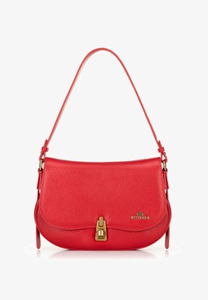 Red textured leather shoulder bag with gold-tone clasp and Wittchen logo on front flap, featuring adjustable strap.