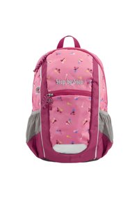 Rosa Rucksack mit bunten Sternmustern, ausgestattet mit einer Reißverschluss-Vordertasche, grauen Netzseitenfächern und gepolsterten Rückenträgern.