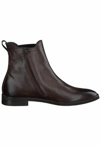 Bruine leren enkelboot met een gladde afwerking, zijrits en lage hak. Heeft een lus aan de achterkant en een ronde teenontwerpen.