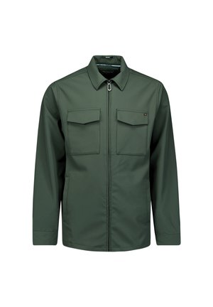 Dunkelgrüne Langarmjacke mit zwei vorderen Klappentaschen und einem zentralen Reißverschlusverschluss, ausgestattet mit einem klassischen Kragen.