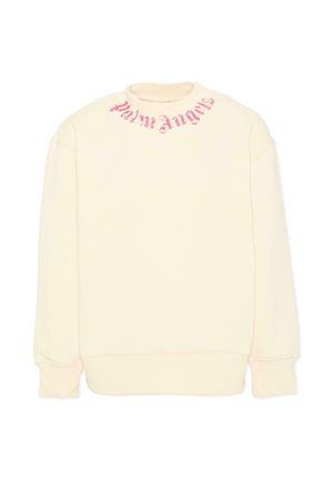 Felpa color crema con collo tondo e maniche lunghe, con la scritta "Palm Angels" in carattere gotico rosa intorno al collo.