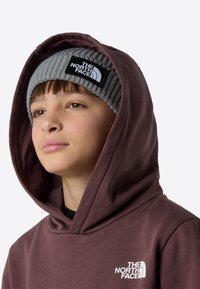 Grå strikket lue med svart logoemblem, båret under en burgunder hettegenser med hvit logo på brystet, glatt stoffstruktur.