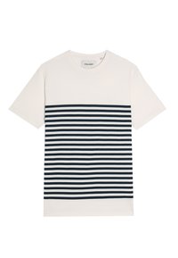Korte mouw t-shirt in off-white met marineblauwe horizontale strepen. Beschikt over een ronde hals en een klein geborduurd logo op de borst.