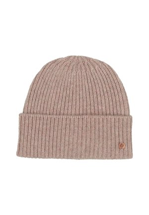 Gorra de punto de canalé de color marrón claro con vuelta en el borde y pequeño logo de metal redondo en el lado derecho del borde.