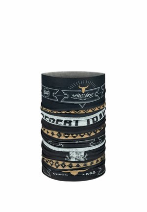 Black multifunctional tubular neck gaiter with tan and white tribal patterns, a bull skull, tiger face, and "Buff" logo.