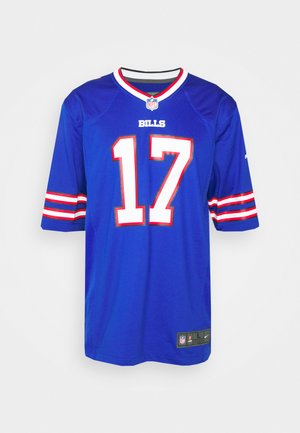 Maglia NFL dei Buffalo Bills in blu, con lettere bianche che riportano 'BILLS' e il numero '17', maniche a strisce rosse e bianche, e logo Nike.
