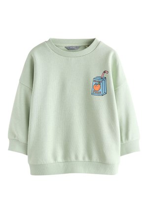 Jasnozielona bluza z długim rękawem, ze ściągaczami na mankietach i dole, z małą kolorową, kreskówkową grafiką kartonika z sokiem pomarańczowym na piersi.