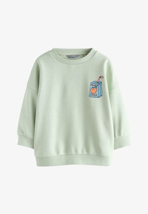 Hellgrünes Sweatshirt mit langen Ärmeln, gerippten Bündchen und Saum, mit einer kleinen farbenfrohen Cartoon-Orange-Saftbox-Grafik auf der Brust.