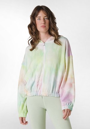 Hooded zip-up jacket in soft, tie-dye fabric featuring pastel pink, green, and yellow colors, with elastic cuffs and hem.