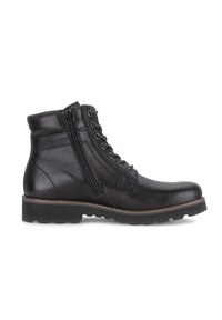 Botín de cuero negro hasta el tobillo con cordones y cierre de cremallera, diseño texturizado, puntera redonda, suela robusta con tracción y detalles de costura.