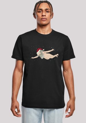Black cotton t-shirt featuring a colorful graphic of a whimsical figure with a gray beard and a red Santa hat, floating in space.