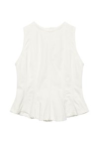 Blouse blanche sans manches avec un col rond, taille cintrée et légère évasement à l'ourlet, vue de dos.