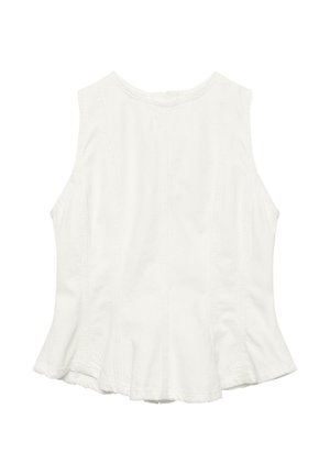 Sleeveless white blouse with a round neckline, fitted waist, and slight flare at the hem, shown from the back.