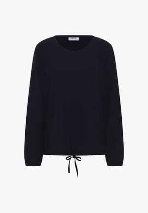 Czarna koszula z długim rękawem, okrągłym dekoltem, ściągaczem w talii i delikatną teksturą. Metka marki "CECI" przy dekolcie.