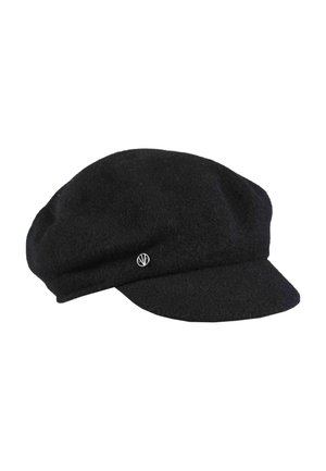 Zwarte wollen beret-stijl pet met een ronde kroon, korte klep en metalen logo-accent aan de zijkant. Gemarmerde stof met een zachte afwerking.