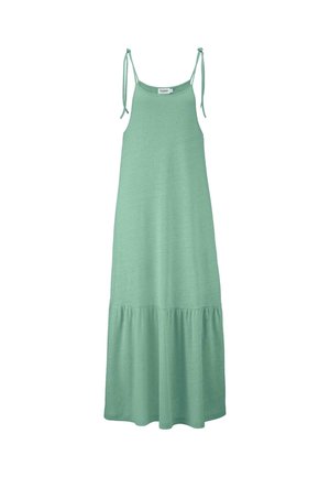 A mint green sleeveless dress with adjustable tie straps and a tiered ruffled hem made from lightweight, soft fabric.