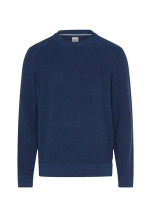 Marineblauer Pullover mit langen Ärmeln und Rundhalsausschnitt, gerippter Struktur und kleinem Markenlabel innen am Kragen.