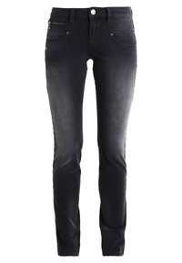 Svarta denimjeans med slim fit, med en lätt blekning, fem fickor och metallhårdhetsdetaljer på framsidan.