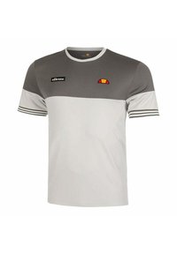 Grijze en witte T-shirt met korte mouwen en een ronde hals, met een gekleurd logo op de bovenste linkerkant en gestreepte accenten op de mouwen.