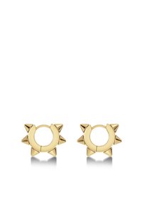 Guldhoopøreringe med seks spidse takkede spidser jævnt fordelt langs den ydre kant, med en glat, poleret tekstur og cirkulært design.