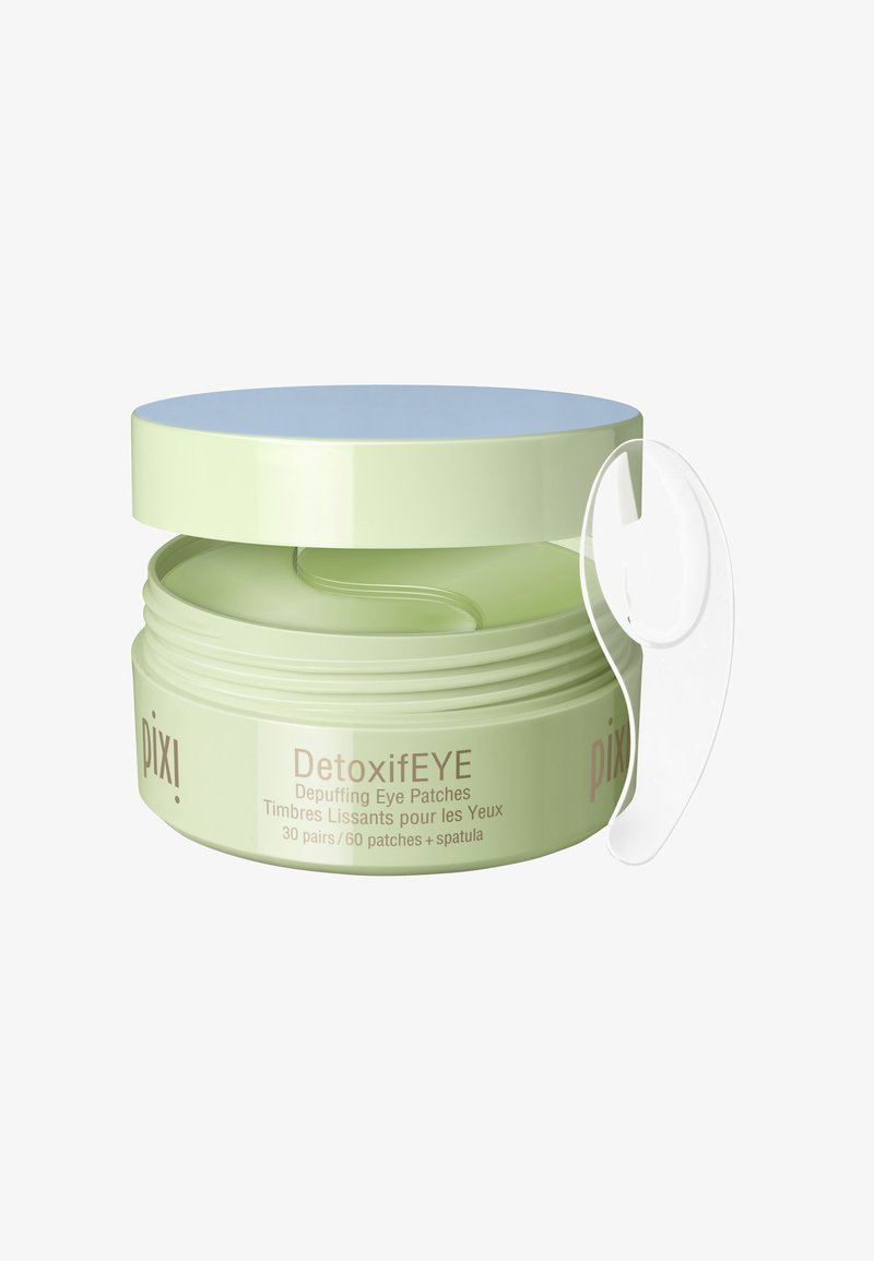 Contenitore rotondo, verde chiaro con un coperchio blu, etichettato "DetoxifEYE". Include una spatola trasparente, progettata per le maschere per occhi.