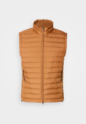Orange puffer vest with a high collar, featuring horizontal quilted pattern, two zippered side pockets, and a front zipper closure.