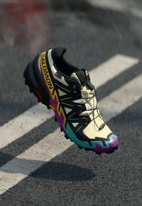 Chaussure de sport Salomon présentant un design léger et multicolore, avec une tige principalement crème, des accents noirs et une semelle texturée.