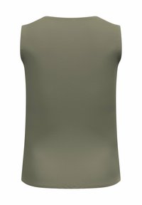 Sleeveless top in olive green, featuring a textured pattern. Simple, round neckline with a straight cut and no additional embellishments.