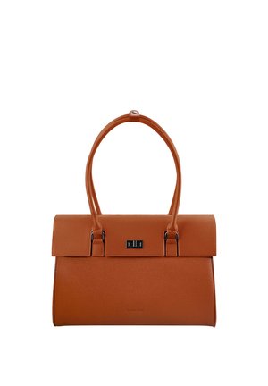 Bolso de cuero marrón con dos asas, cierre con solapa y una pequeña hebilla rectangular con giro en el centro frontal.